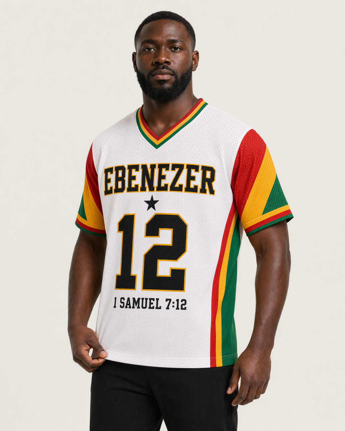 Ebenezer 12 — Ghana Faith Jersey — on-body three-quarter — AI-generated styling visualization