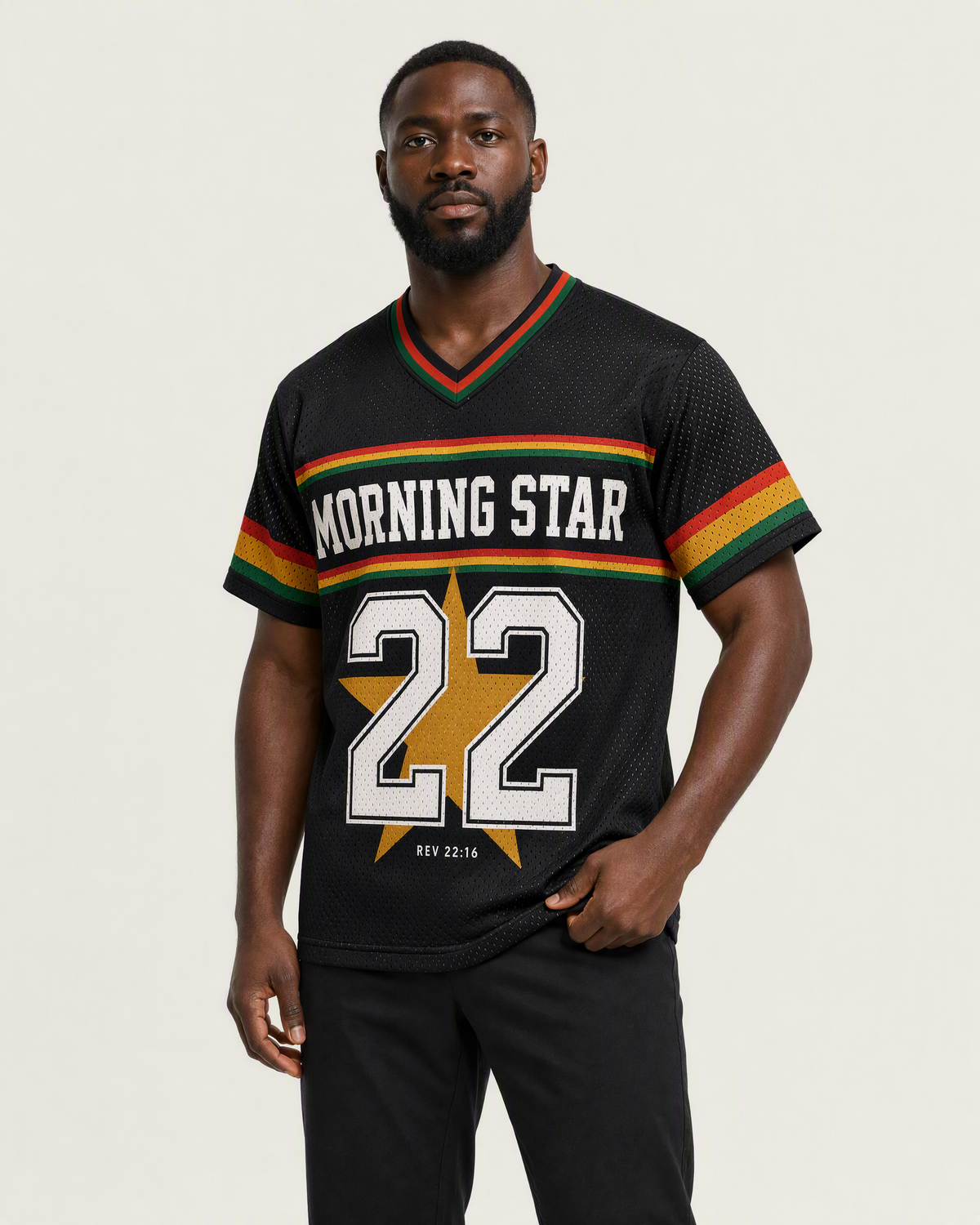 Bright Morning Star 22 — Ghana Faith Jersey — on-body three-quarter — AI-generated styling visualization