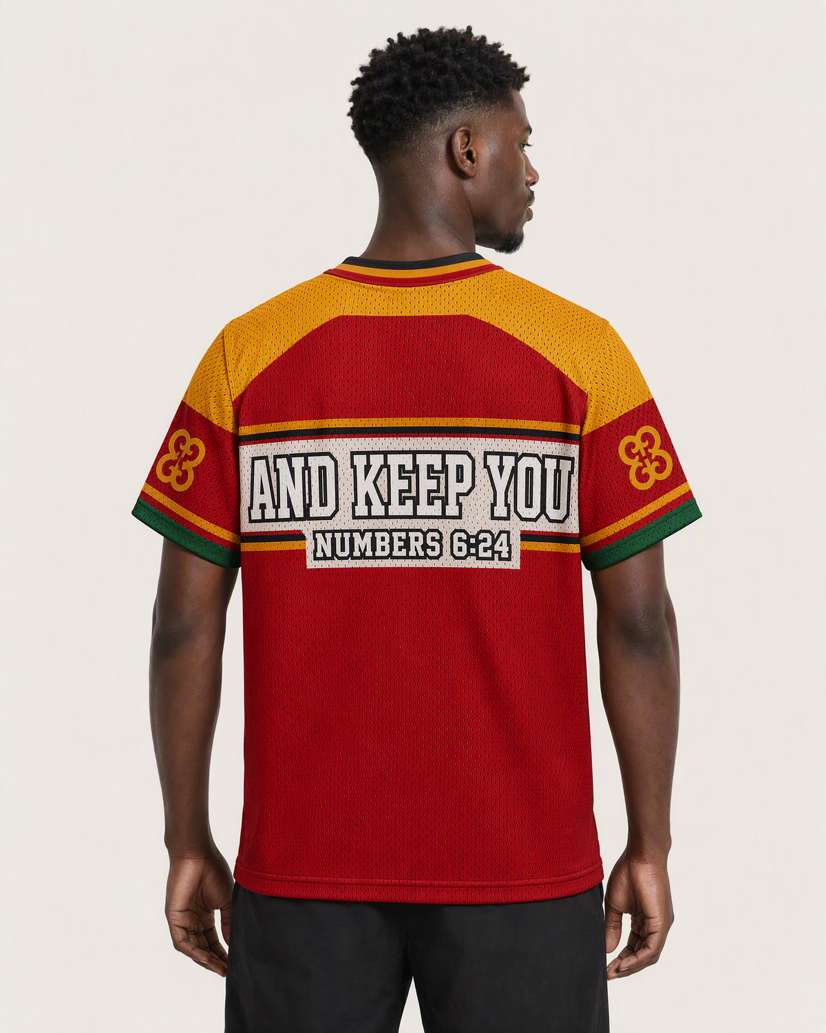 The Lord Bless You 24 — Ghana Faith Jersey — on-body back — AI-generated styling visualization