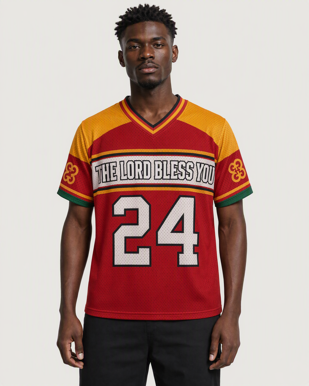 The Lord Bless You 24 — Ghana Faith Jersey — on-body front — AI-generated styling visualization