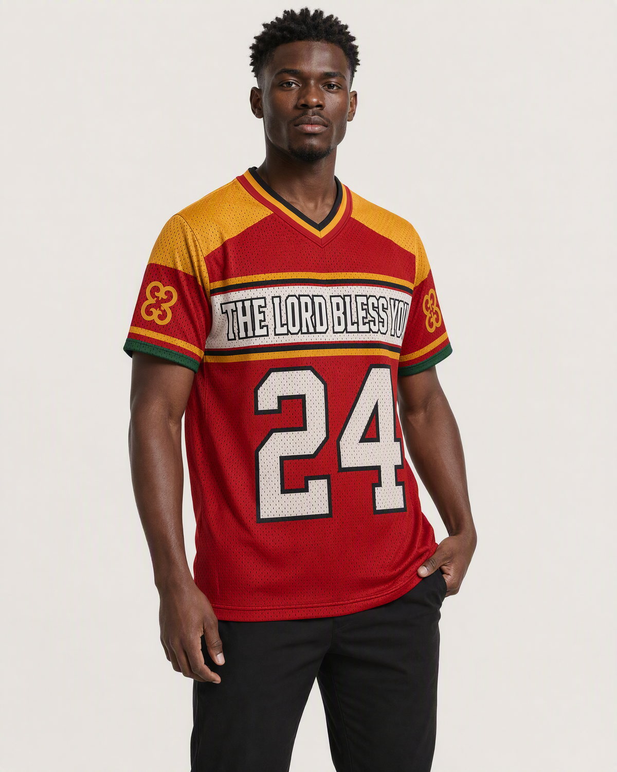 The Lord Bless You 24 — Ghana Faith Jersey — on-body three-quarter — AI-generated styling visualization