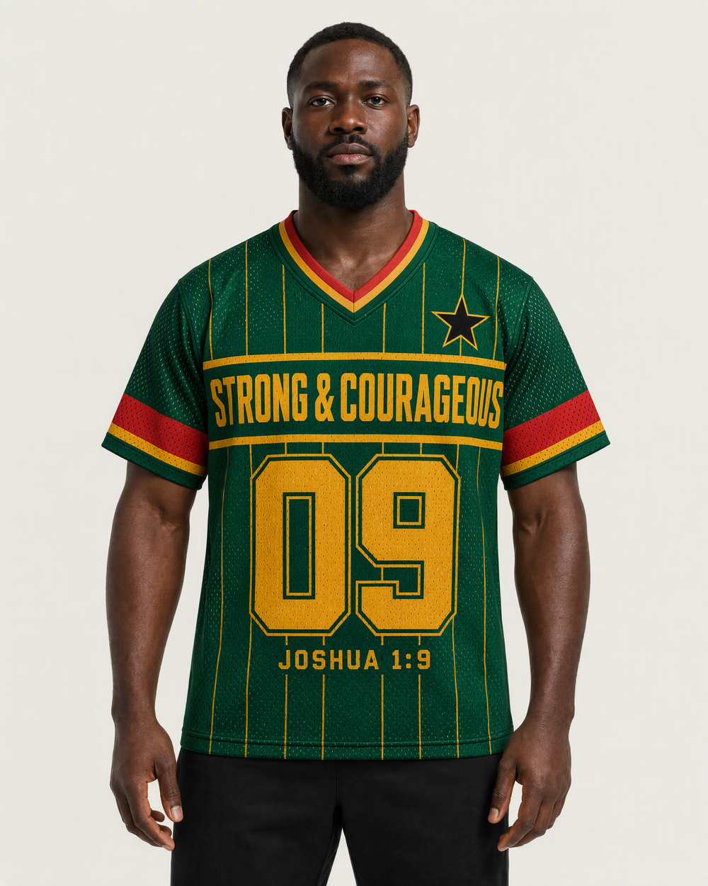 Strong & Courageous 09 — Ghana Faith Jersey — on-body front — AI-generated styling visualization