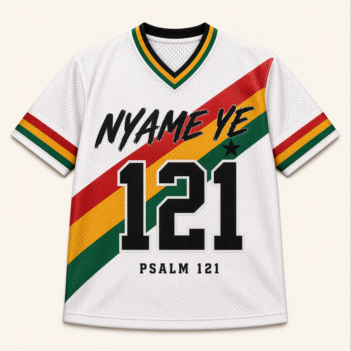 Nyame Ye 121 — Ghana Faith Jersey — front — digital product visualization