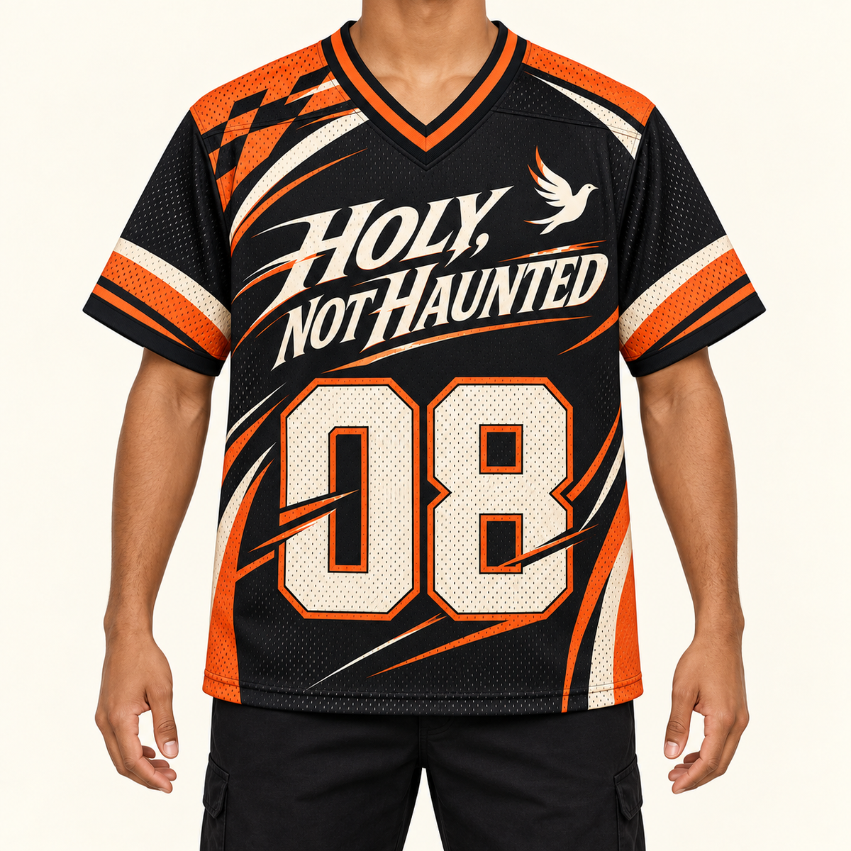 Holy, Not Haunted — Racing Jersey — on-body — AI-generated styling visualization