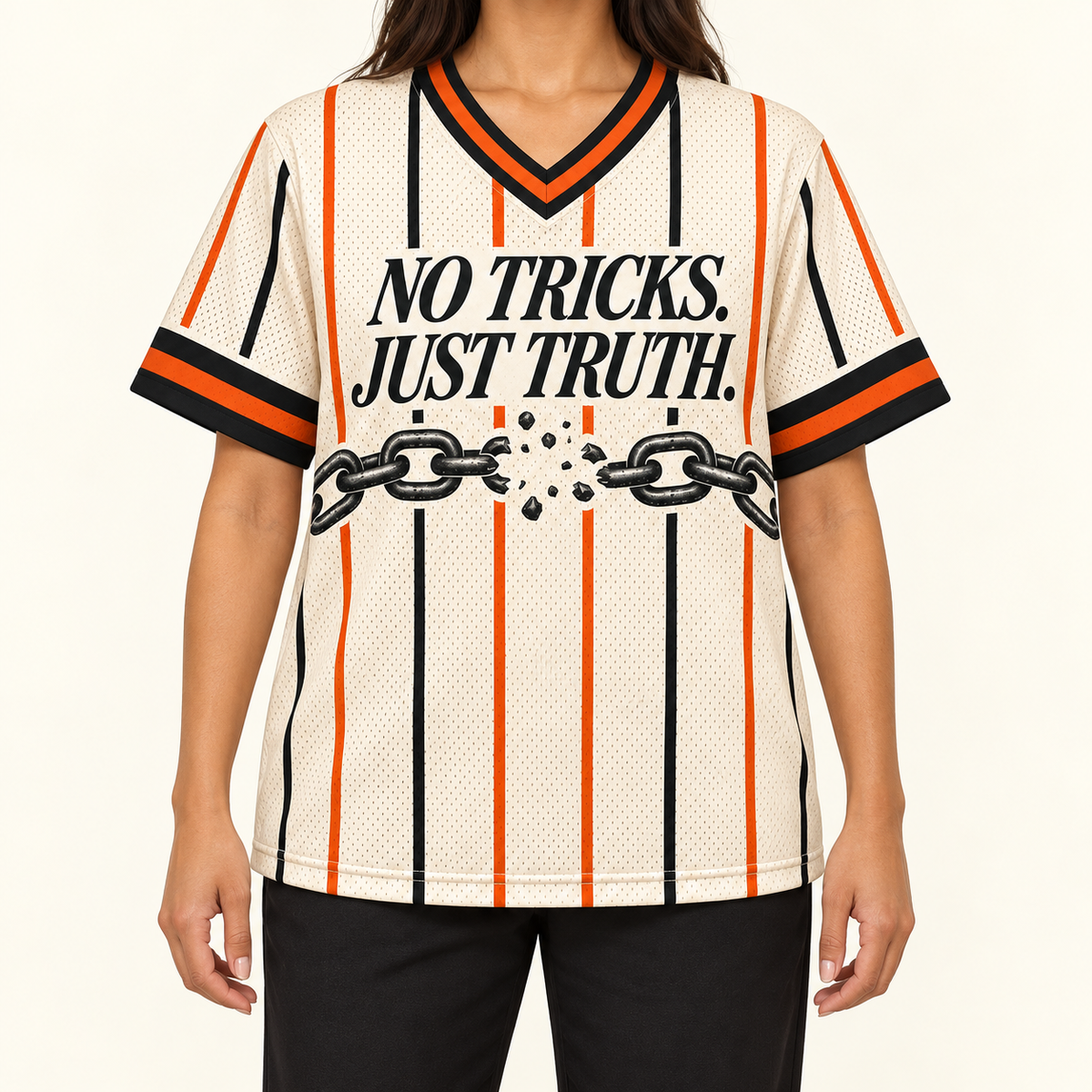 No Tricks, Just Truth — Retro Jersey — on-body — AI-generated styling visualization