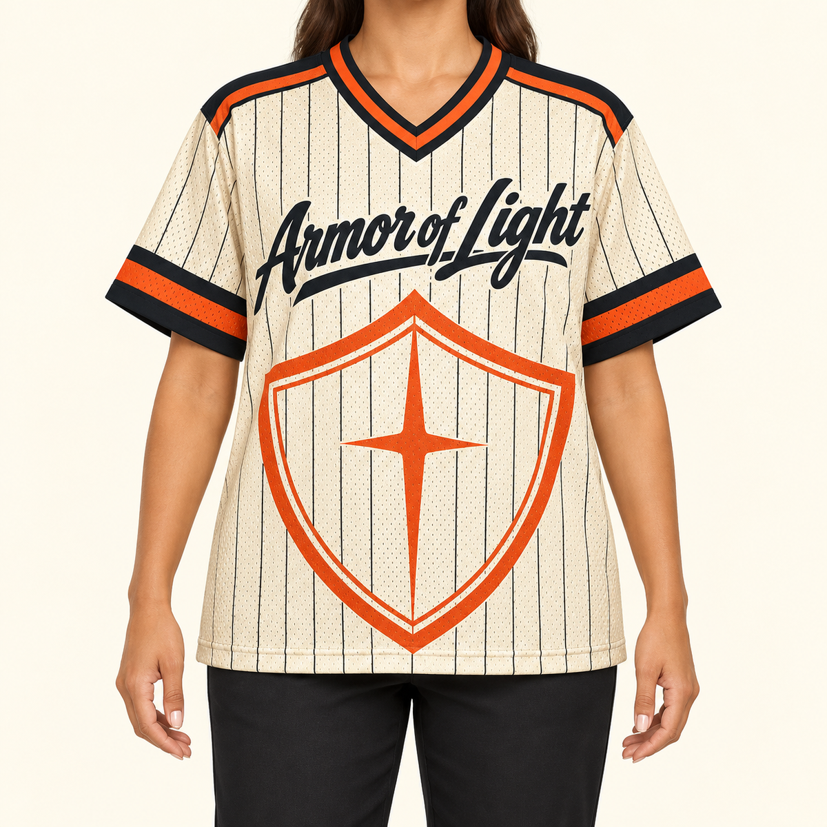 Armor of Light — Pinstripe Jersey — on-body — AI-generated styling visualization