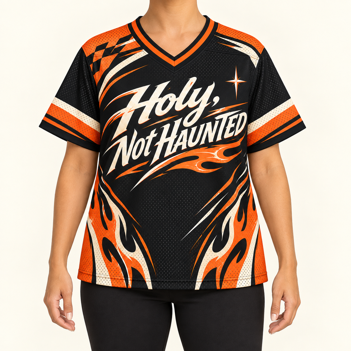 Holy, Not Haunted — Flame Run Jersey — on-body — AI-generated styling visualization