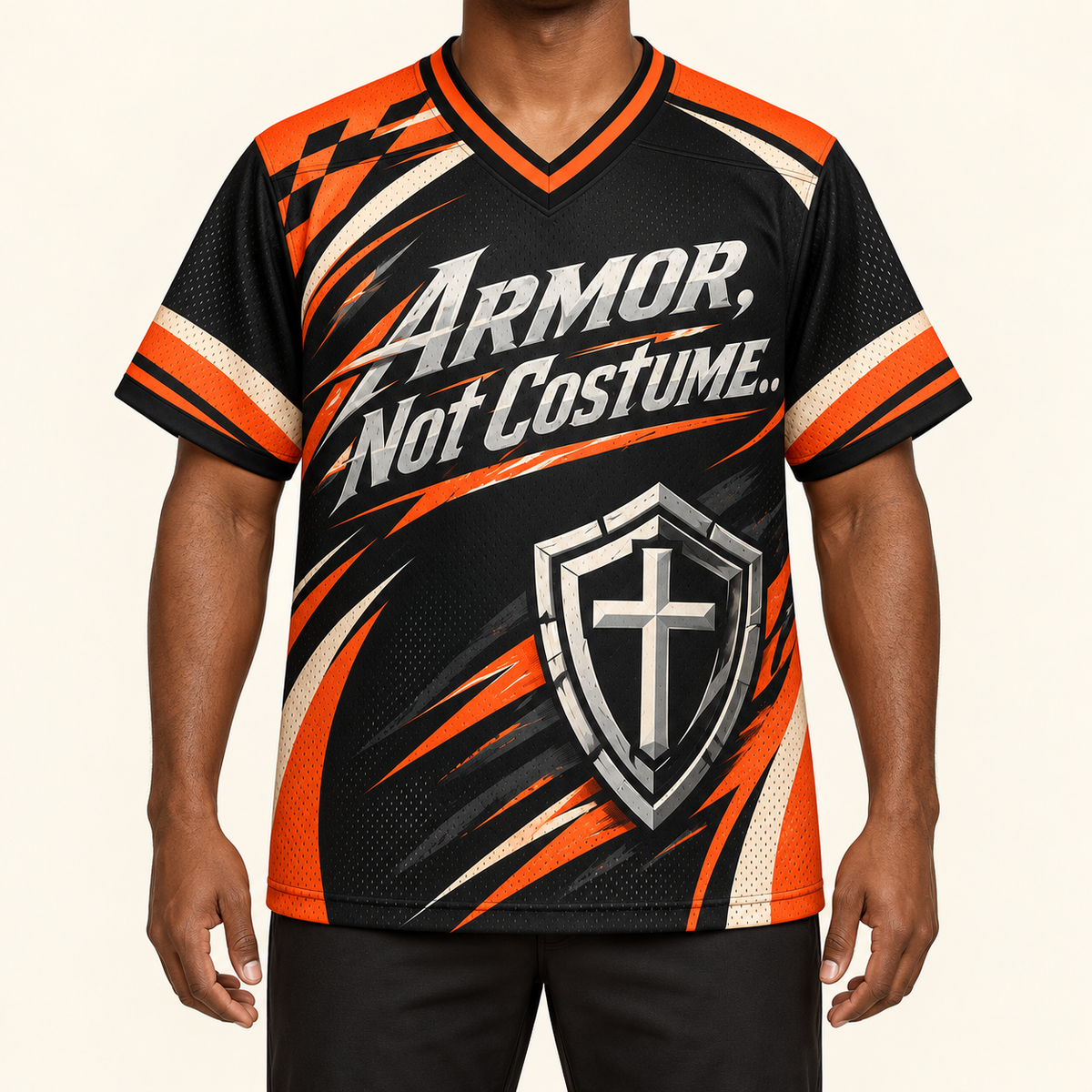 Armor, Not Costume — Tech Jersey — on-body — AI-generated styling visualization