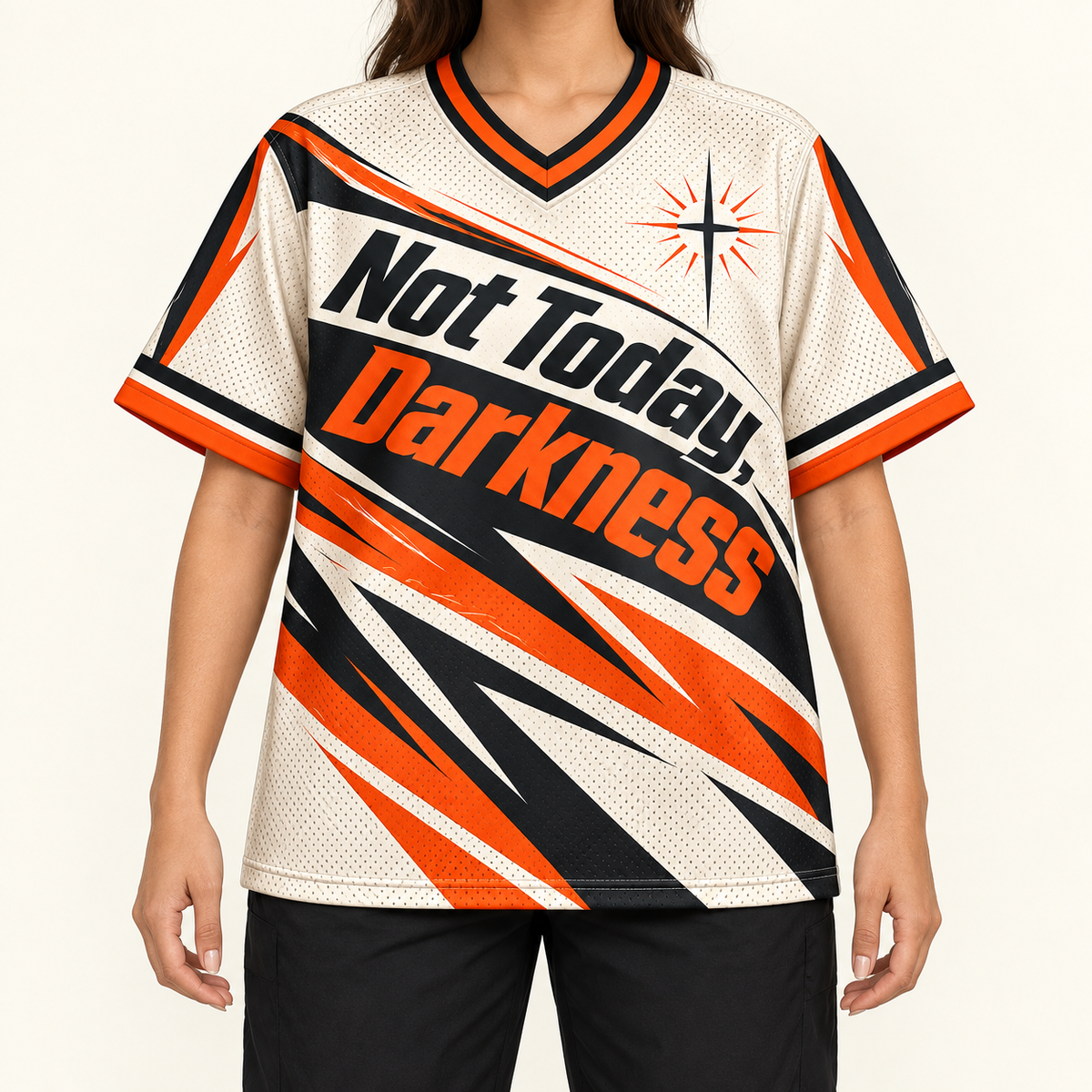 Not Today, Darkness — MX Jersey — on-body — AI-generated styling visualization