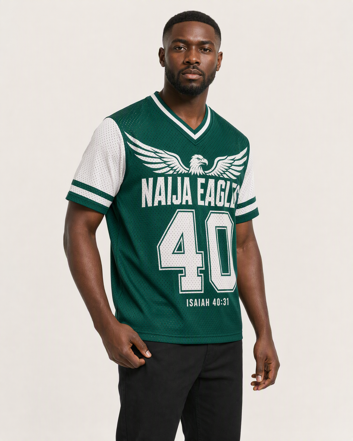 Naija Eagles 40 — Nigeria Faith Jersey — on-body three-quarter — AI-generated styling visualization