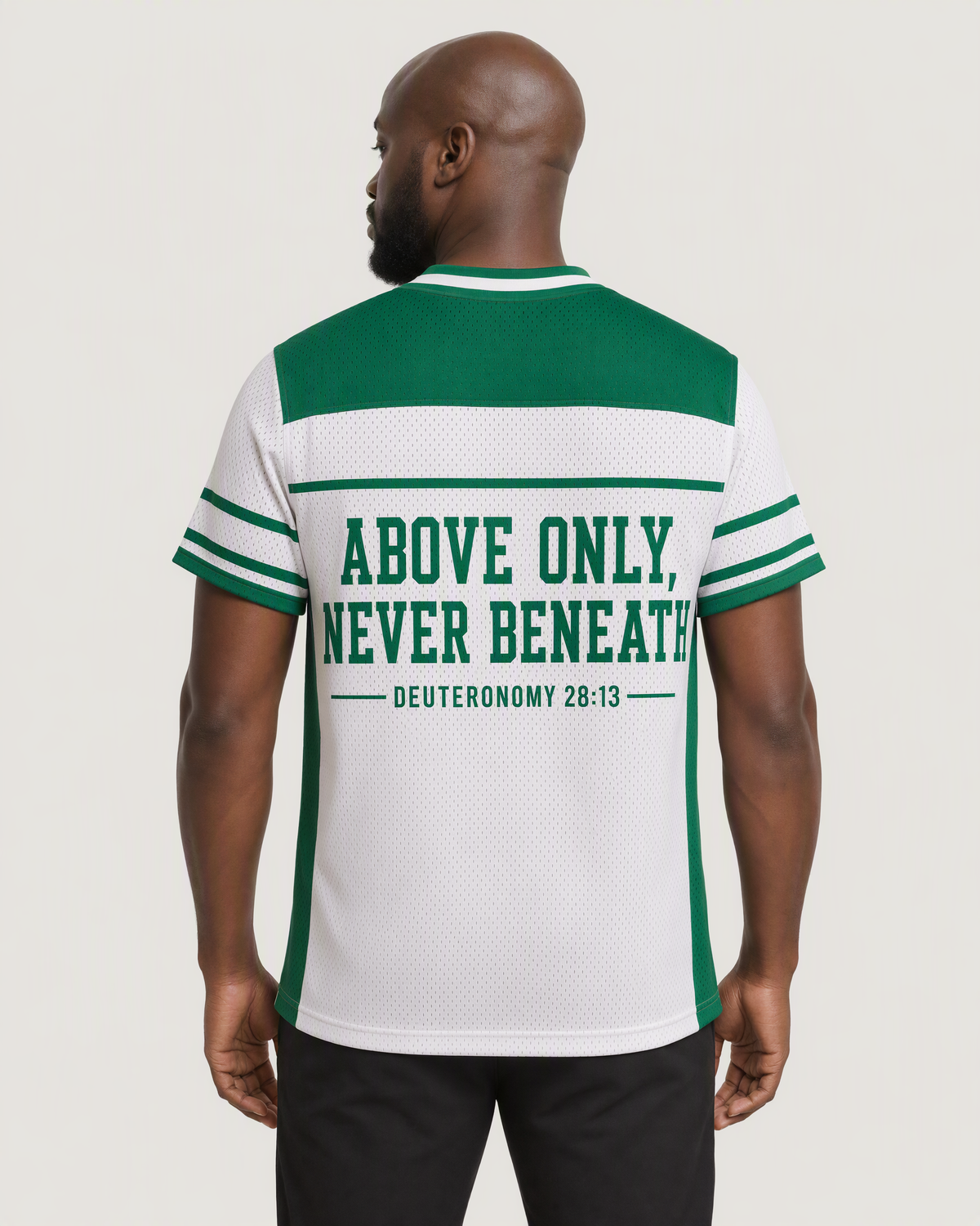 Head Not Tail 28 — Nigeria Faith Jersey — on-body back — AI-generated styling visualization