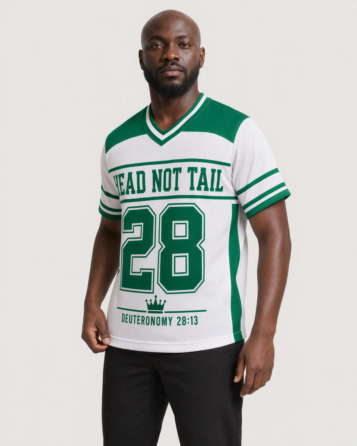 Head Not Tail 28 — Nigeria Faith Jersey — on-body three-quarter — AI-generated styling visualization