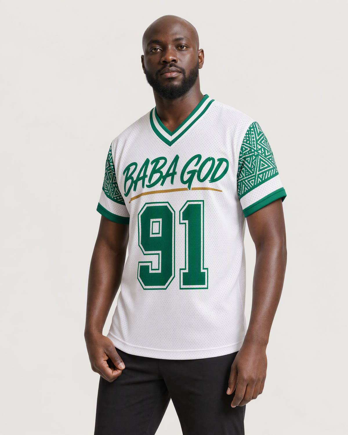 Baba God 91 — Nigeria Faith Jersey — on-body three-quarter — AI-generated styling visualization