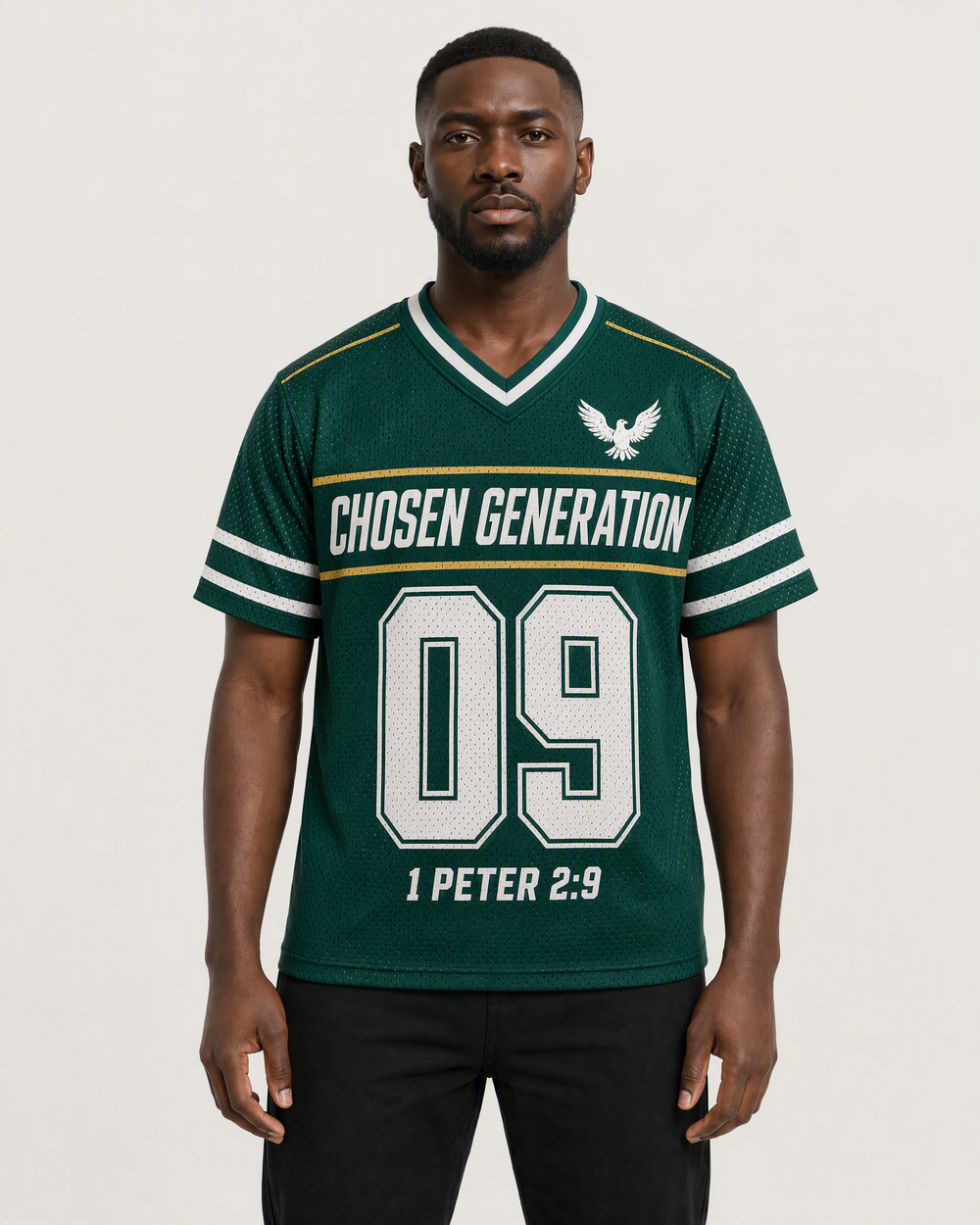 Chosen Generation 09 — Nigeria Faith Jersey — on-body front — AI-generated styling visualization