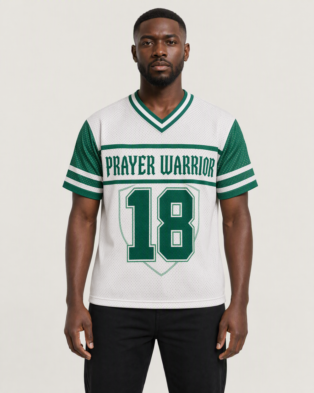 Prayer Warrior 18 — Nigeria Faith Jersey — on-body front — AI-generated styling visualization