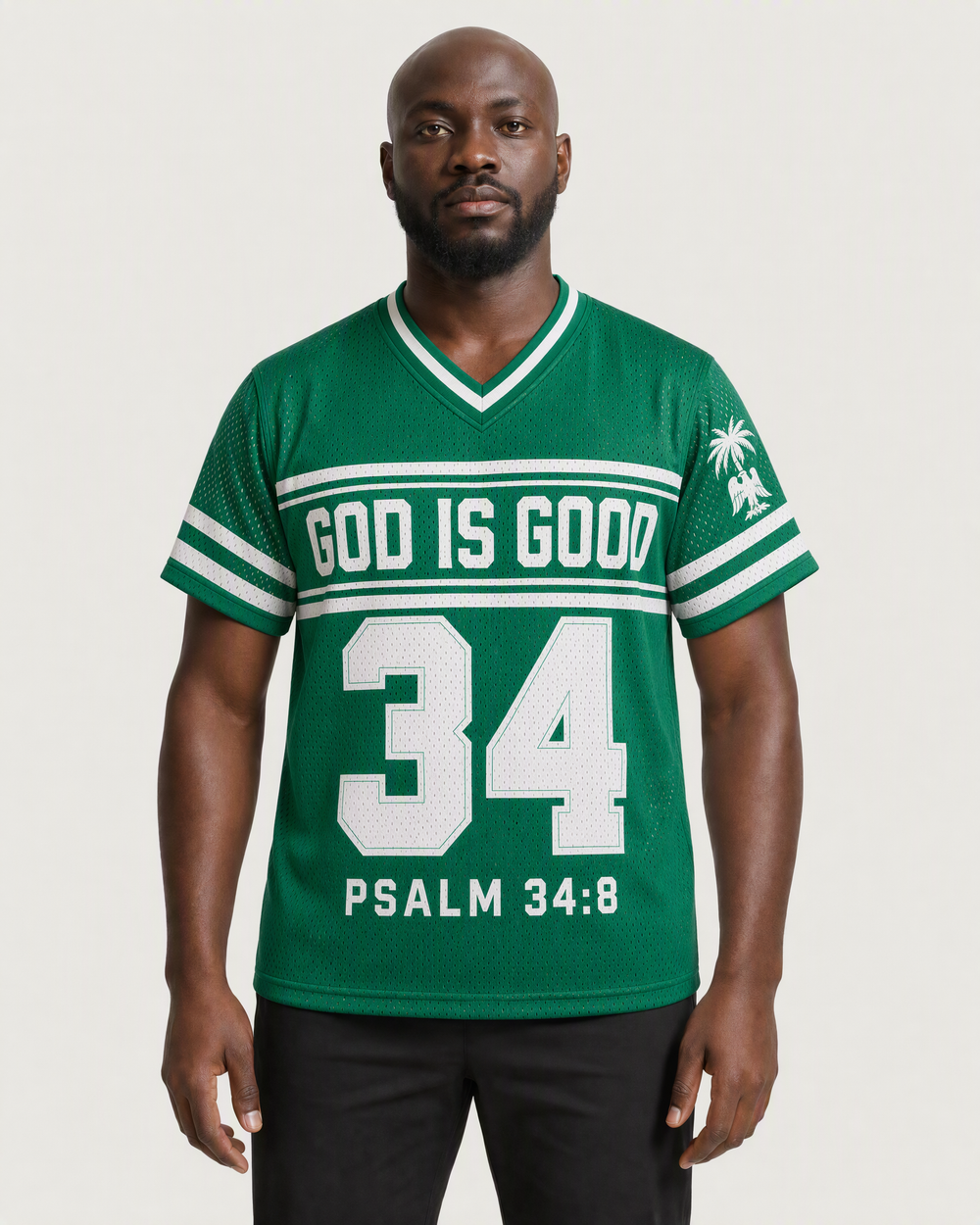 God Is Good 34 — Nigeria Faith Jersey — on-body front — AI-generated styling visualization