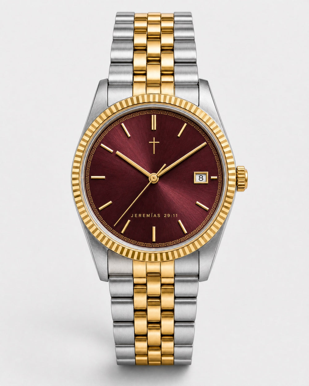 29:11 watch, deep wine burgundy sunray dial with gold indices and a fine printed gold greca border around the chapter ring