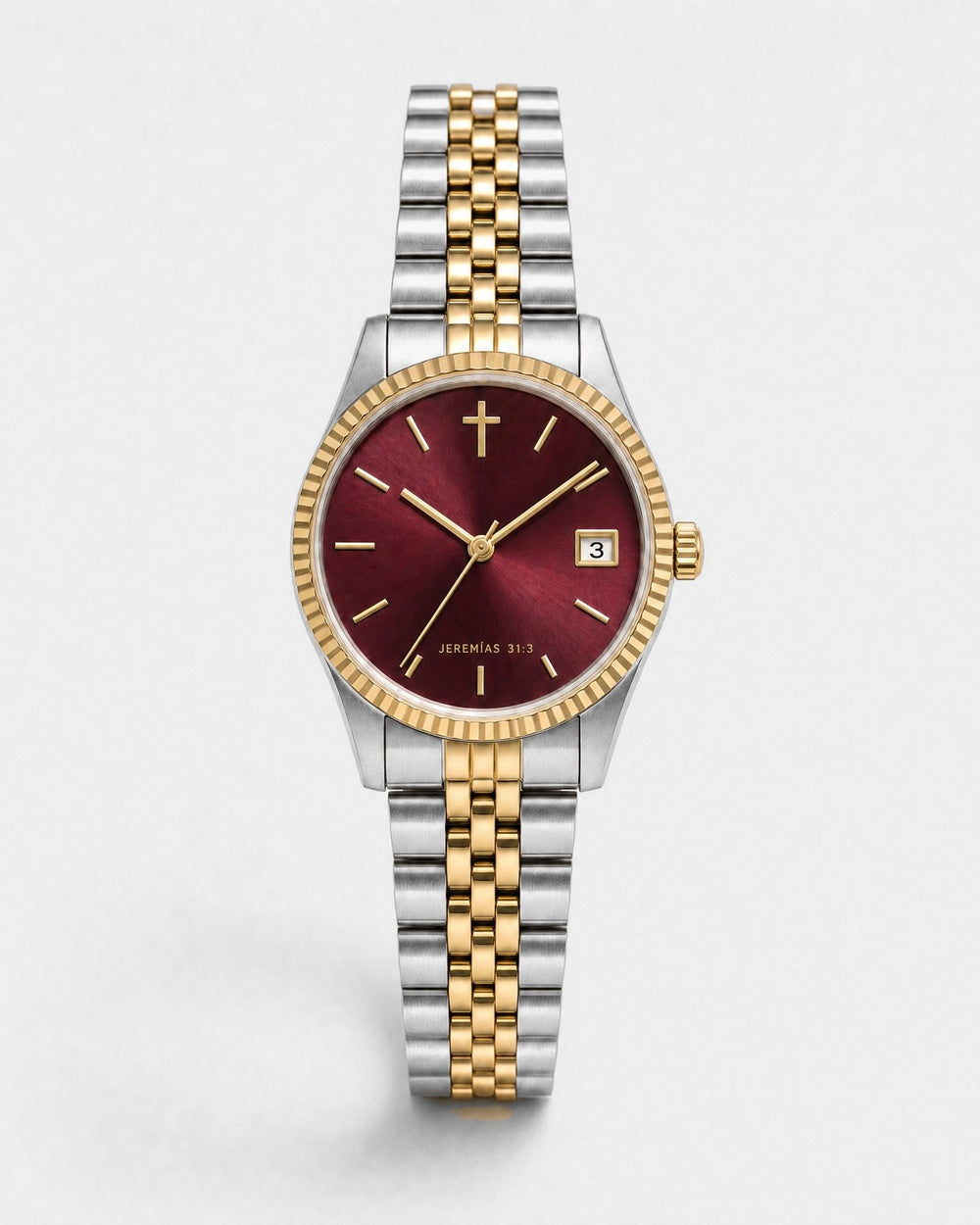 Amor Eterno watch, deep burgundy sunray dial with gold indices