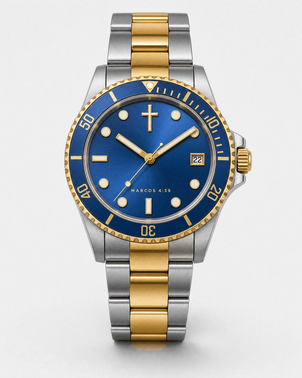 Bonanza watch, bright blue sunray dial with gold-rimmed luminous markers