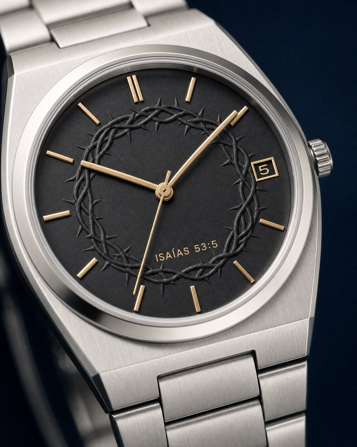 Corona dial close-up with Isaías 53:5