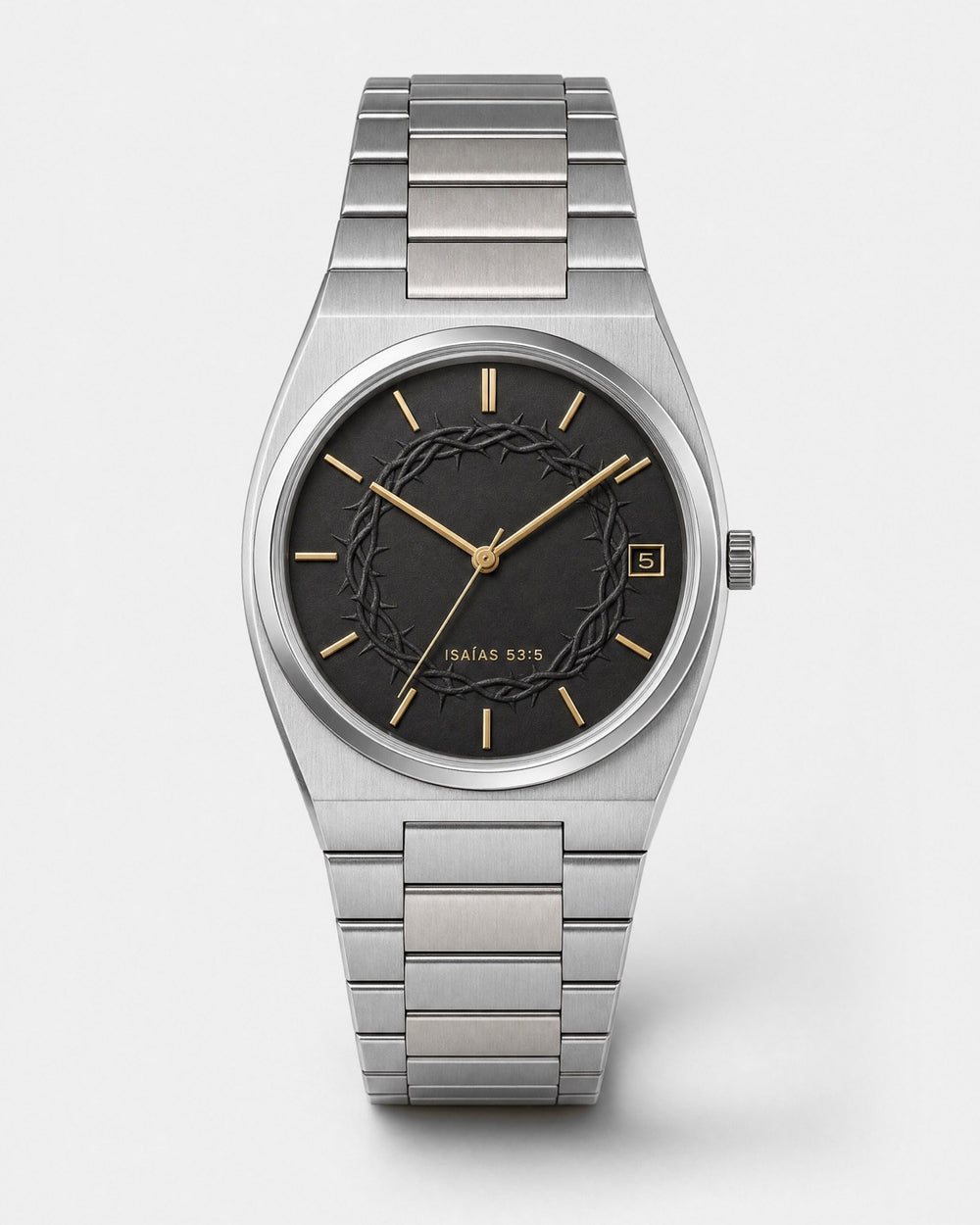 Corona watch, matte black dial with a printed crown-of-thorns ring around the center