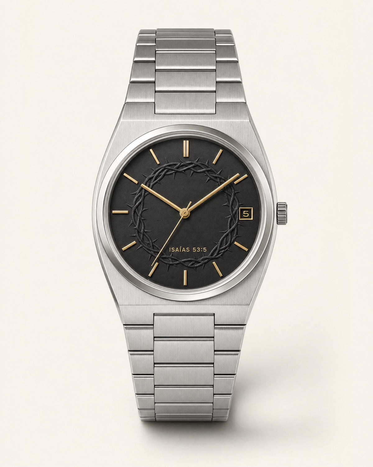 Corona watch, matte black dial with a printed crown-of-thorns ring around the center