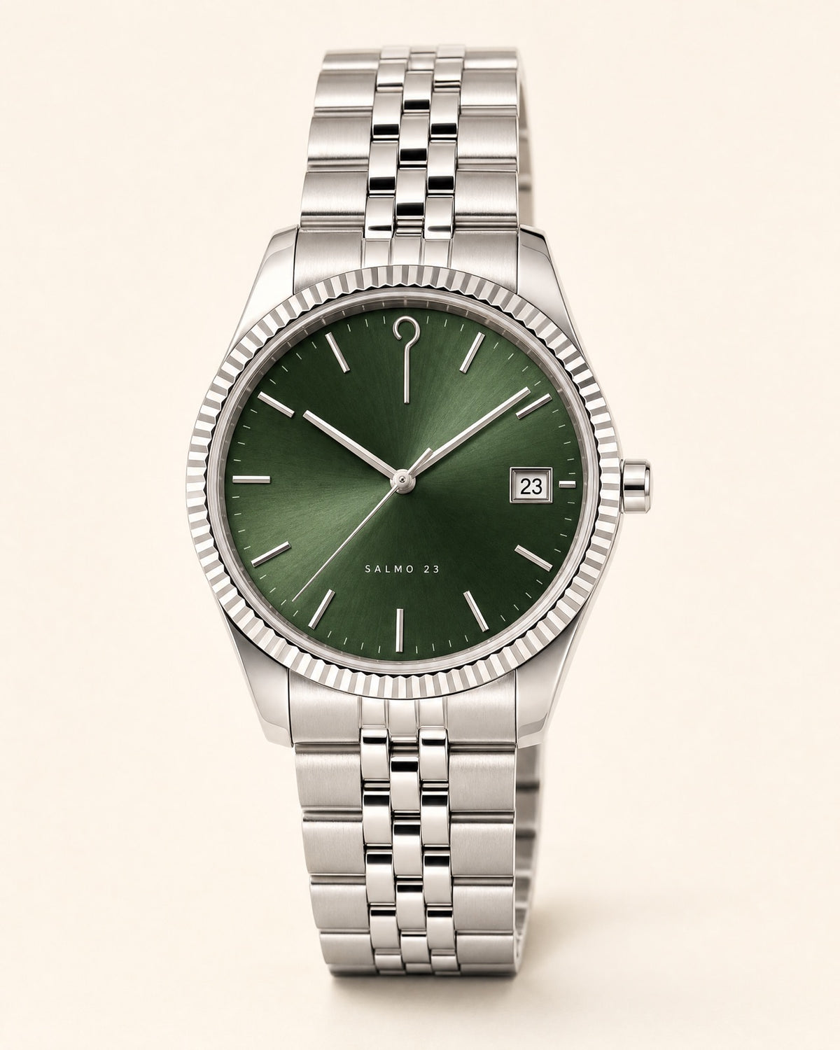 Reloj El Buen Pastor, carátula verde pasto profundo con efecto rayos de sol