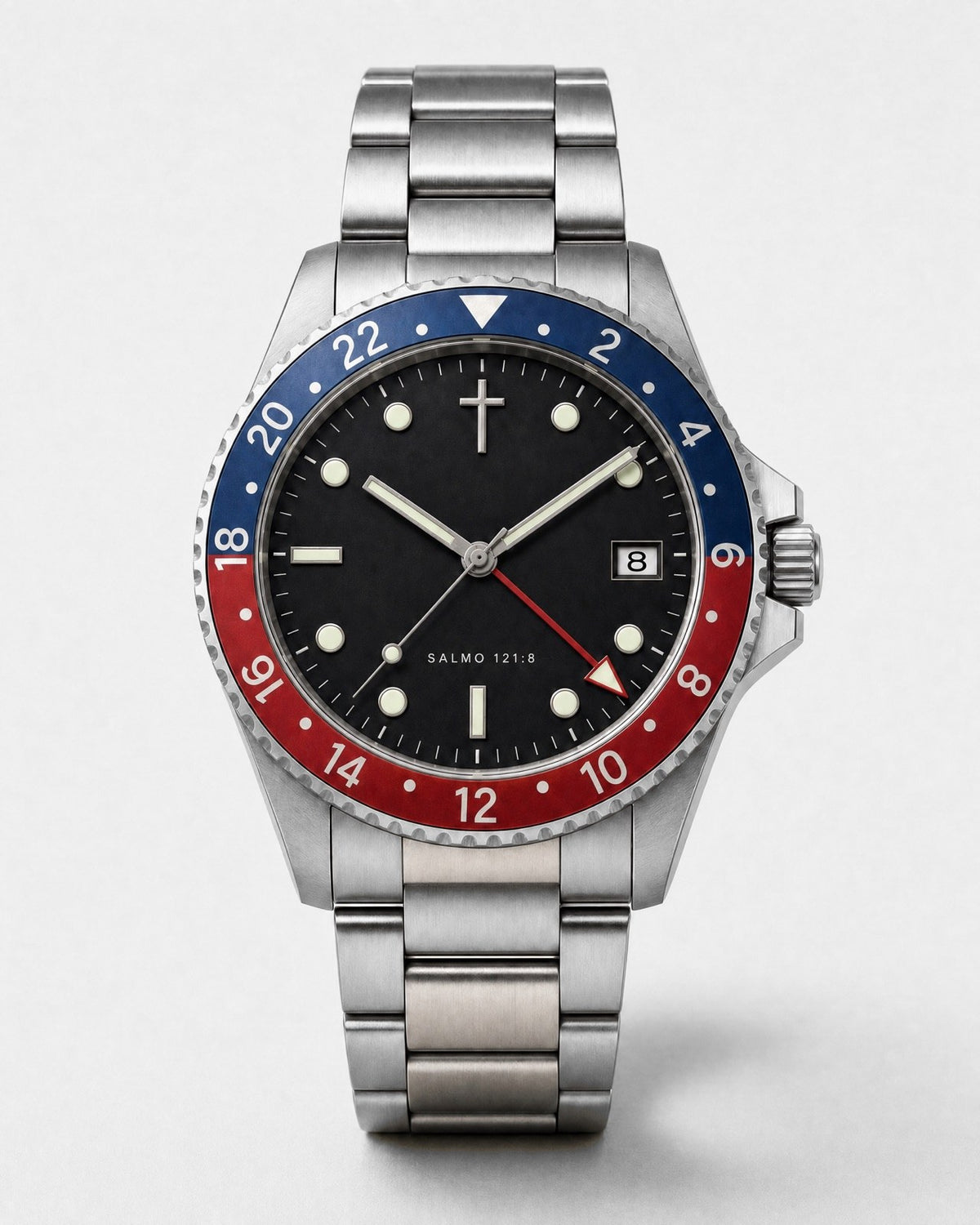 Guarda watch, black dial with luminous markers and a red arrow-tipped fourth hand