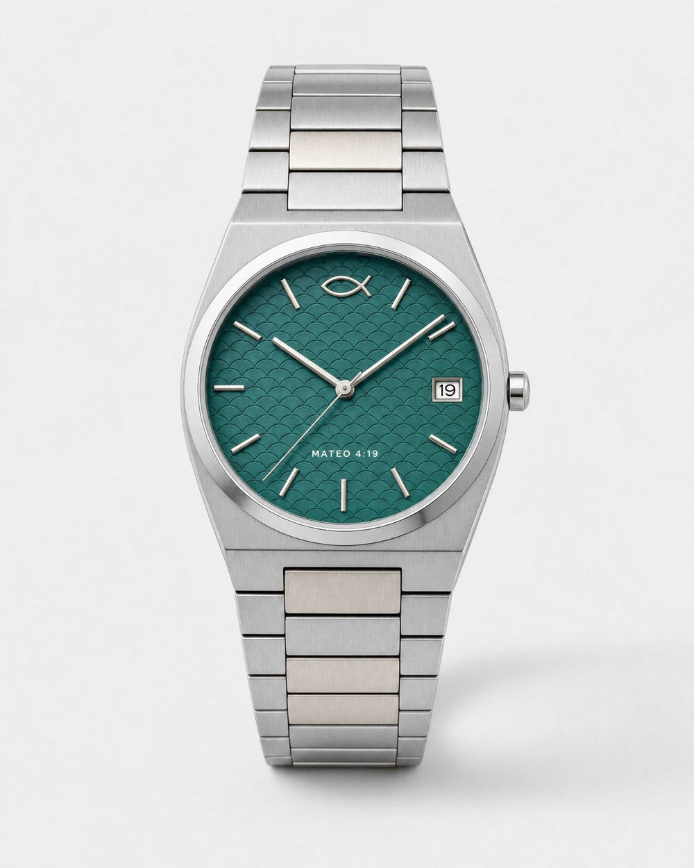 Ichthys watch, teal green dial with a printed fish-scale pattern