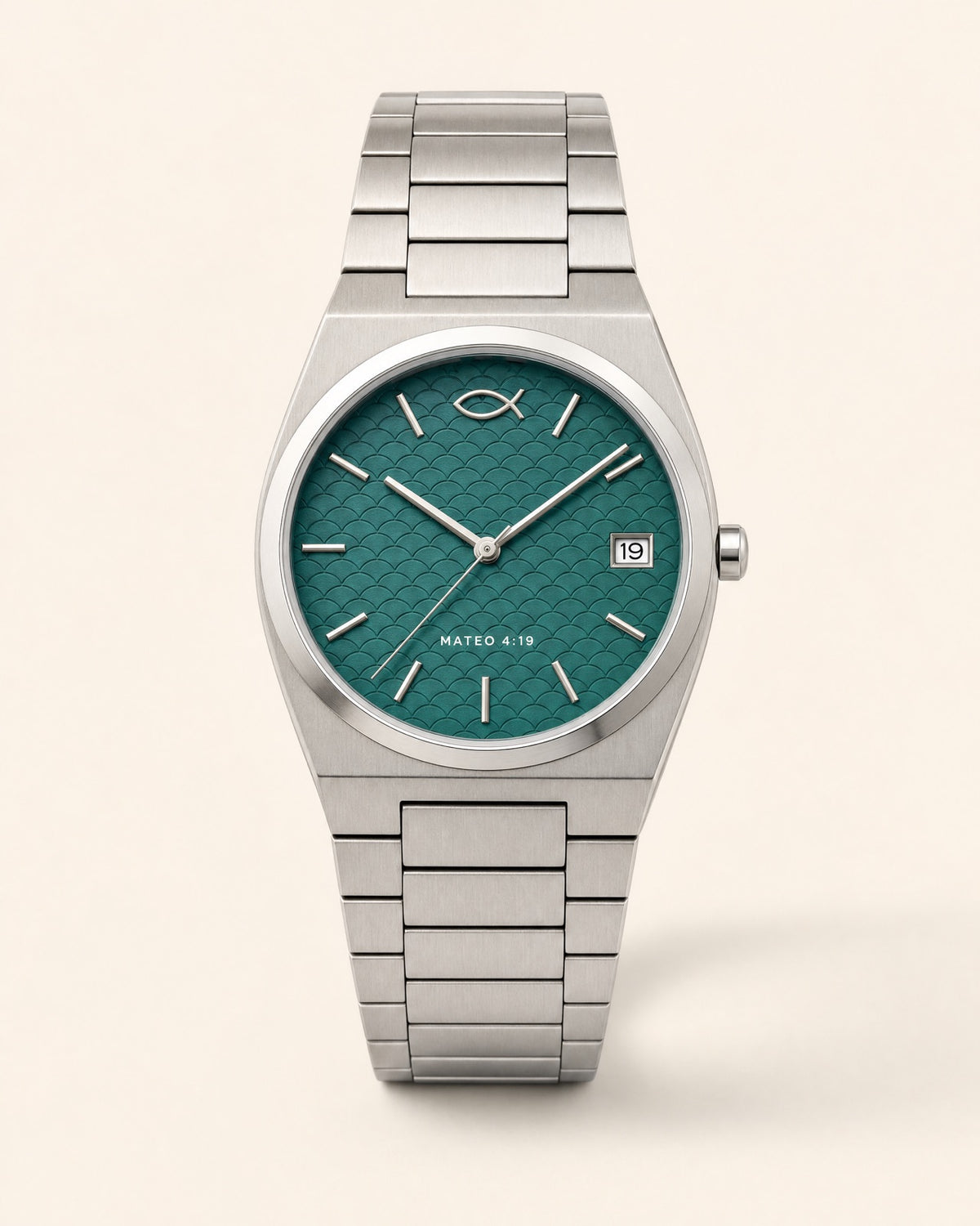 Ichthys watch, teal green dial with a printed fish-scale pattern