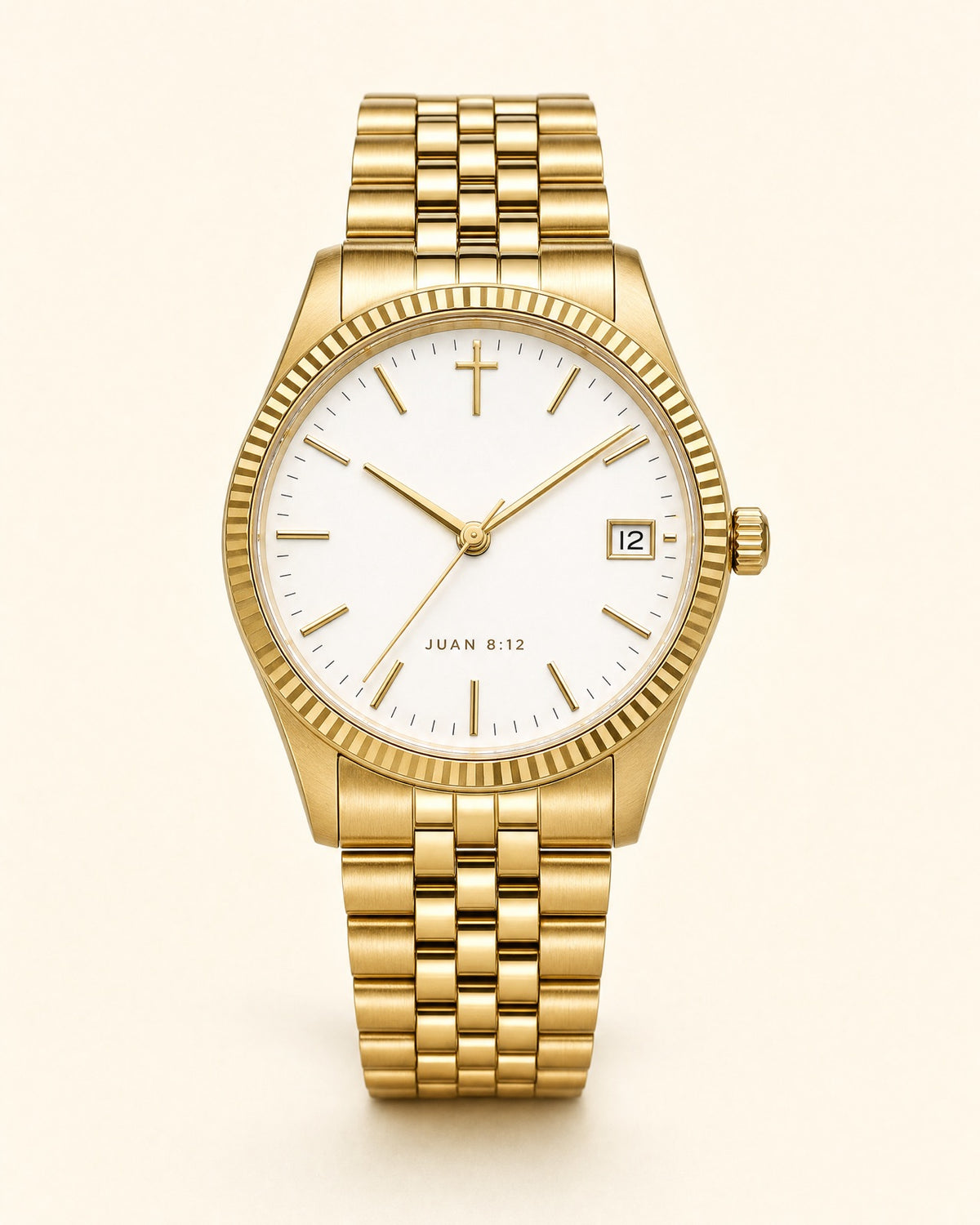 Luz del Mundo watch, bright white lacquer dial with gold indices