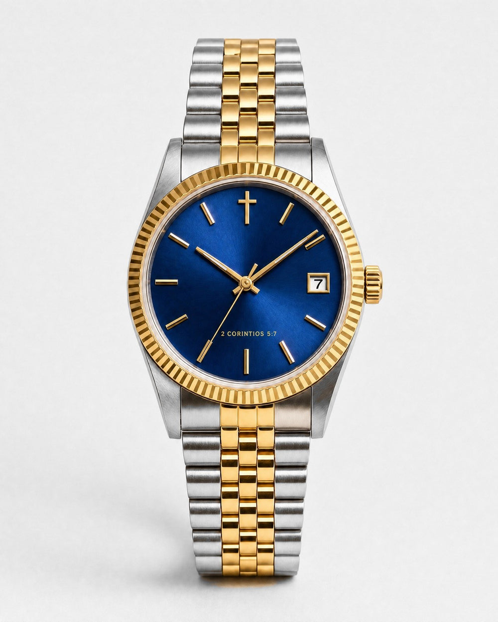 Por Fe watch, royal blue sunray dial with gold indices