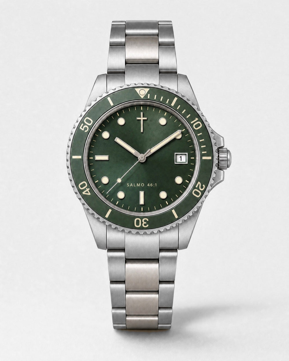 Refugio watch, forest green sunray dial with round and baton luminous markers