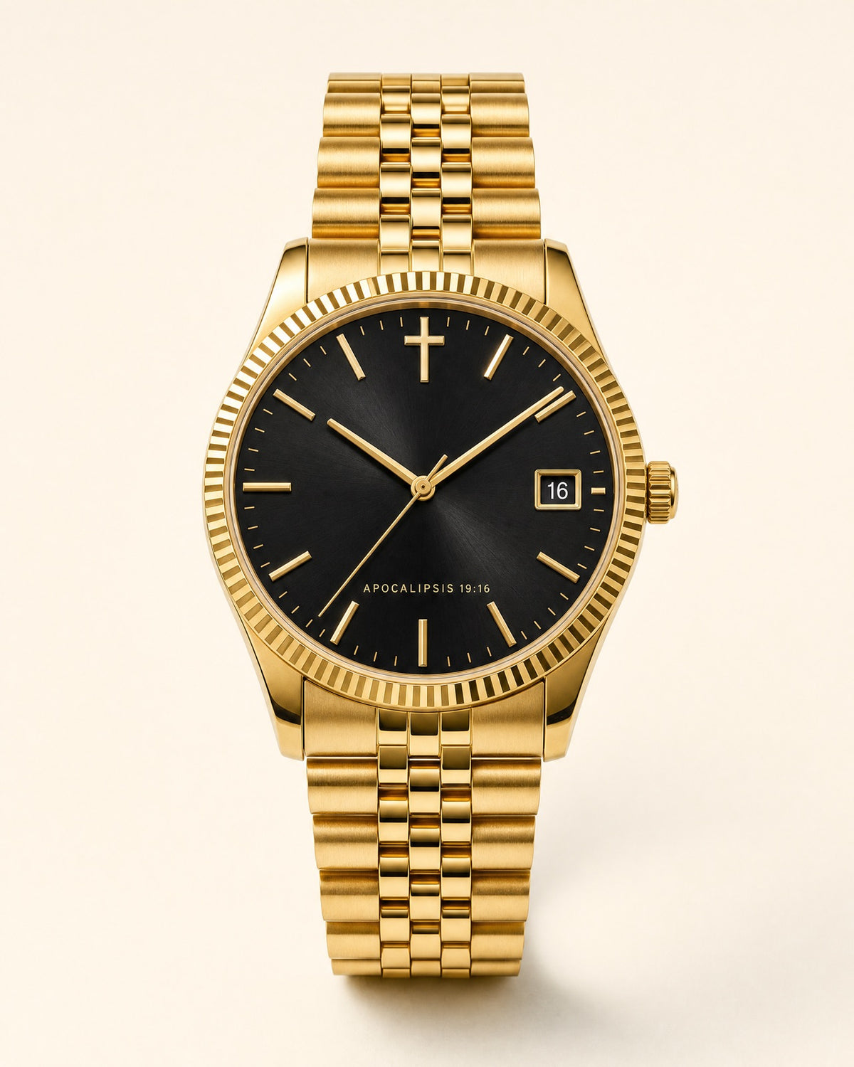 Reloj Rey de Reyes, carátula negro azabache con efecto rayos de sol e índices dorados