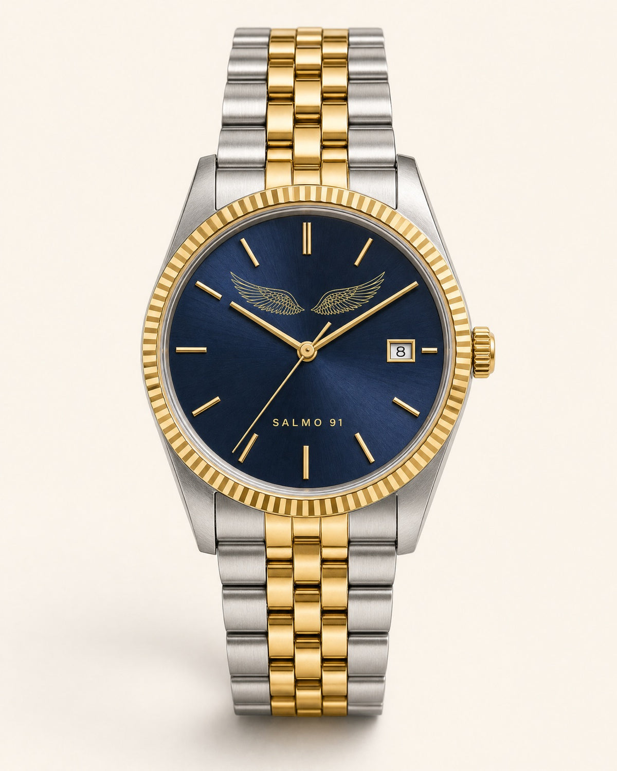 Reloj Salmo 91, carátula azul noche con efecto rayos de sol e índices dorados