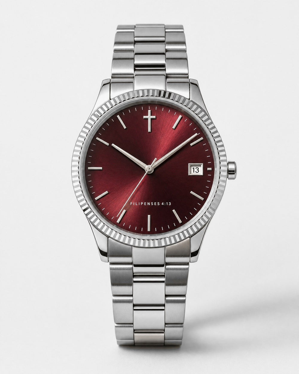 Todo lo Puedo watch, deep burgundy red sunray dial