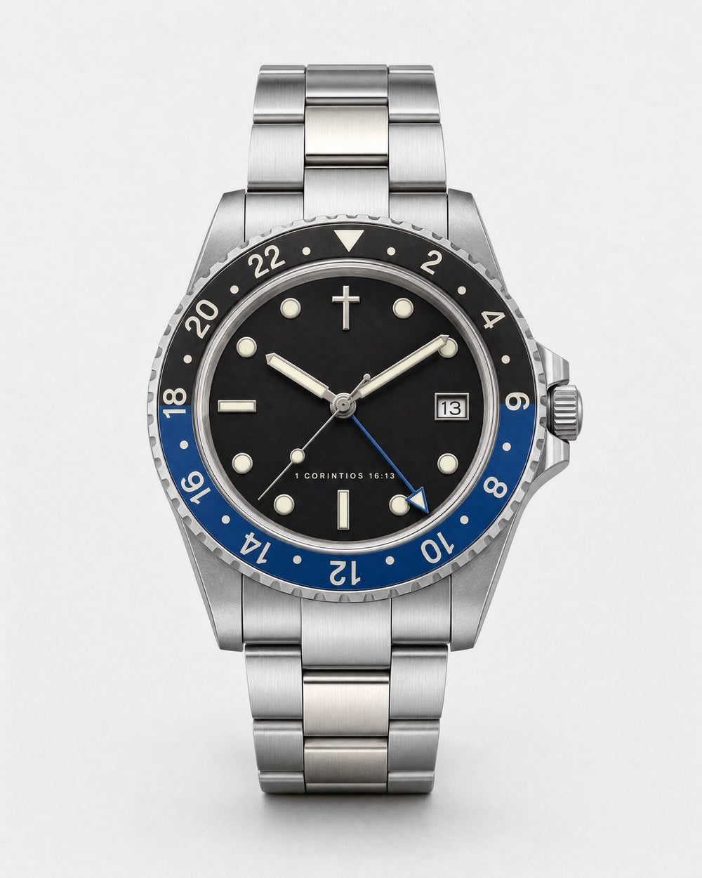 Velad watch, black dial with luminous markers and a blue arrow-tipped fourth hand