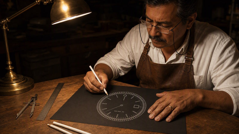 Hands drawing a watch dial in white pencil at a workbench at night
