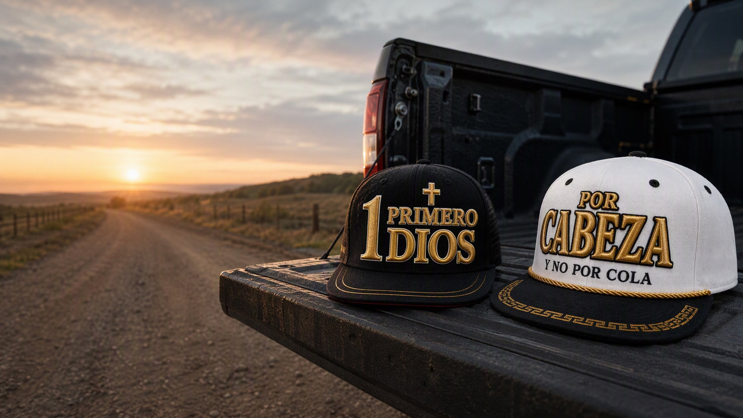 Dos gorras REDIMO, Primero Dios y Por Cabeza, sobre la caja de una troca al amanecer