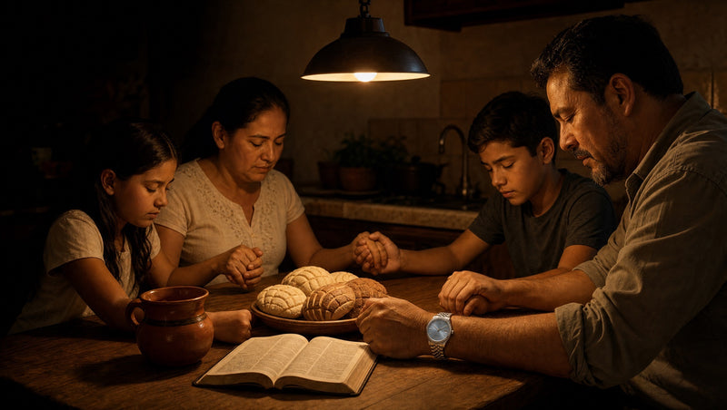 A family at a kitchen table at night, hands joined in prayer around an open Bible