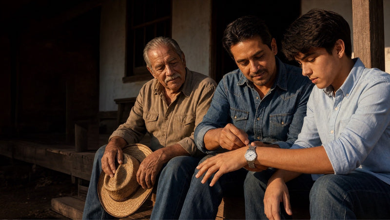 A father fastens a watch on his teenage son's wrist on a porch while the grandfather looks on